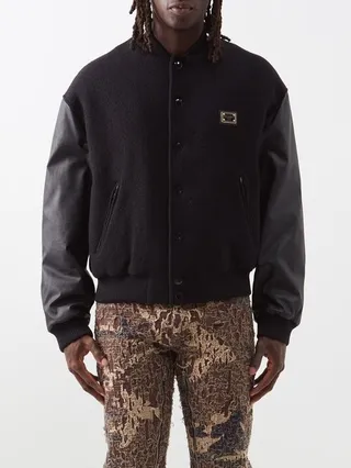 Leather-sleeve Wool-blend Bomber Jacket
