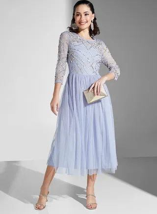 Embellished Mesh Tiered Dress