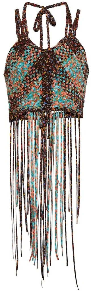 Printed fringed woven silk crop top