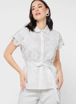 Lace Tie Detail Button Down Shirt