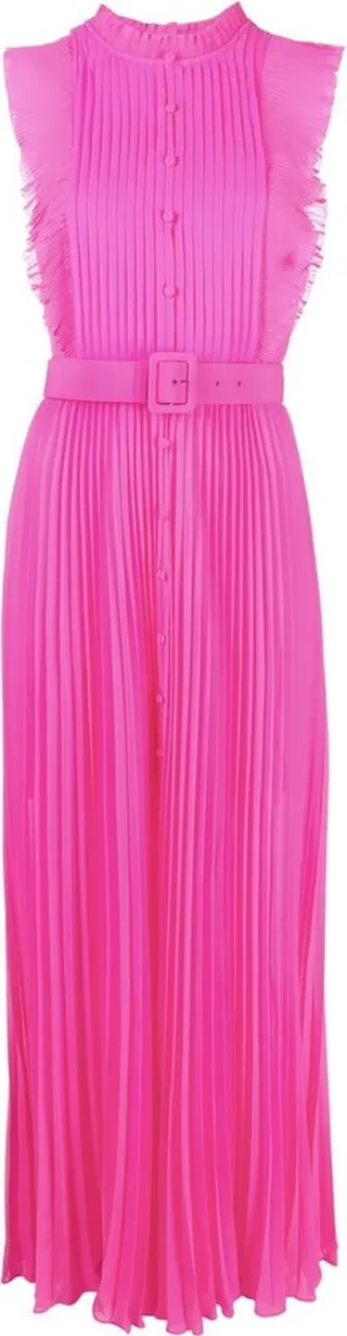 Belted-Waist Ruffle Midi Dress