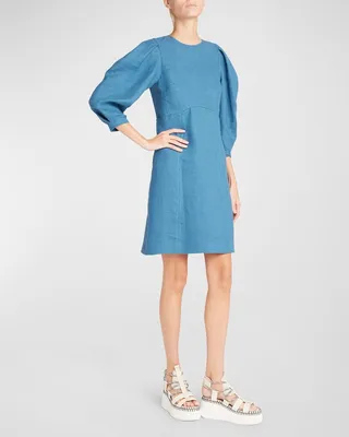 Linen Mini Dress with Balloon Sleeves