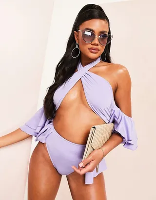 ASOS LUXE cross neck ruffle sleeve bikini top in lilac