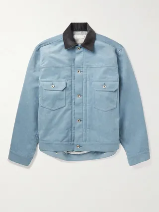 Corduroy-Trimmed Faux Suede Bomber Jacket
