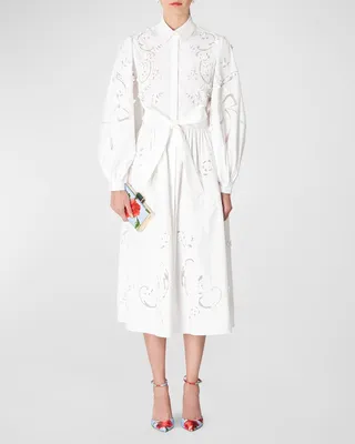 Embroidered Balloon-Sleeve Shirtdress with Tie Waist