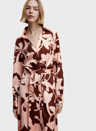 Floral Print Belted Button Down Dress