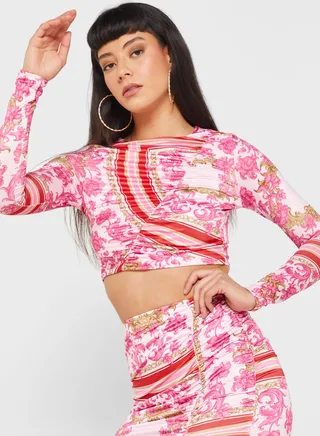 Crew Neck Ruched Printed Crop Top