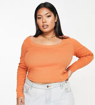 ASOS DESIGN Curve long sleeve scoop neck rib top in rust