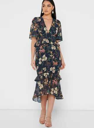 Plunge Neck Tiered Printed Dress