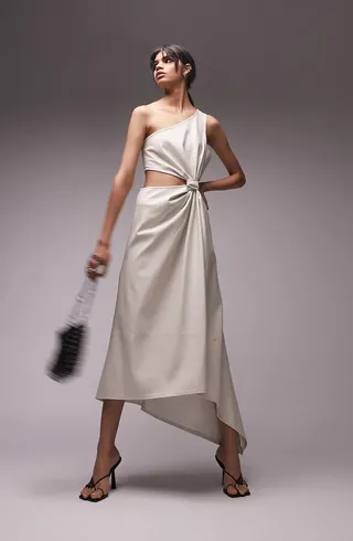 One Shoulder Faux Leather Midi Dress