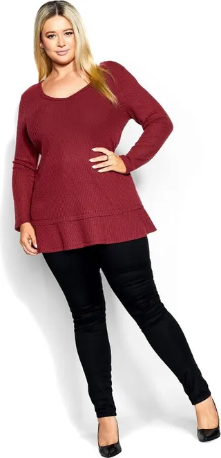 EVANS | Women's Plus Size Waffle Ruffle Tunic - merlot - 20W