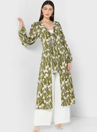 Balloon Sleeve Tie Detail Printed Dress
