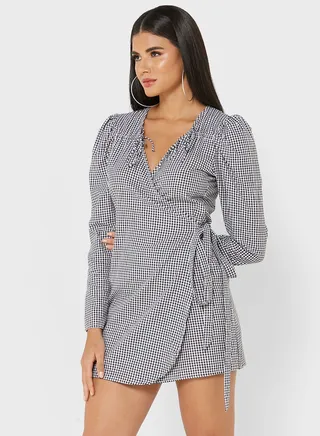 Checked Puff Sleeve Tie Detail Dress