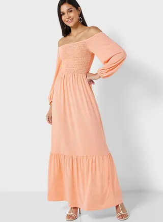 Jac Jossa Peach Shirred Bardot Maxi Dress