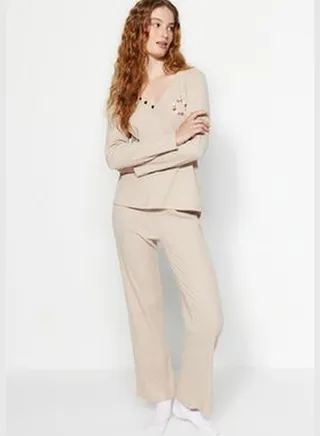 Beige Camisole Embroidery Detailed Pajamas Set