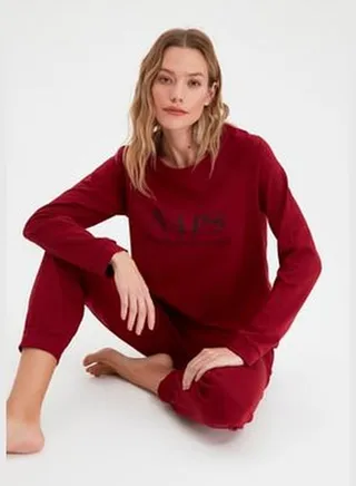 Claret Red Printed Knitted Pajamas Set