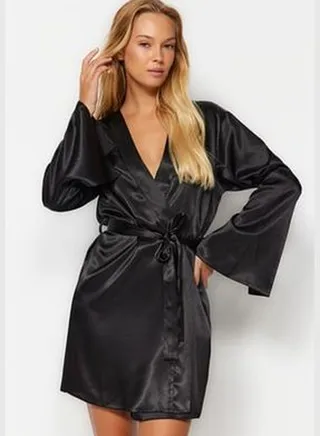 Black Satin Cut-Out/Window Detailed Woven Dressing Gown THMAW24SB00006