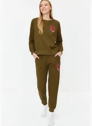 Green 100% Cotton Printed Sweatshirt-Jogger Knitted Pajama Set THMAW24PT00321