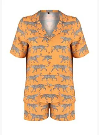 Orange Patterned Viscose Shirt-Short Woven Pajamas Set