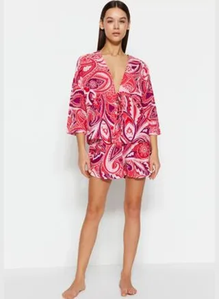 Fuchsia Printed Tie Detailed Shirt-Shorts Woven Pajamas Set
