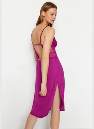 Plum Lace and Knitted Nightgown with Back Detail and a Slit THMAW22GC0086