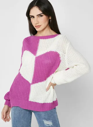 Heart Print Intarsia Sweater