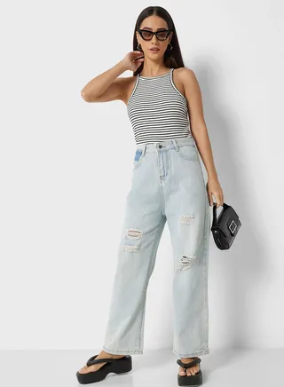 Ripped Contrast Detail Mom Fit Jeans