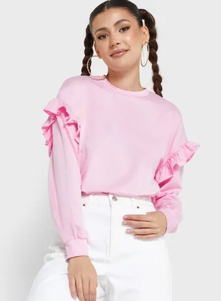 Frilled Shoulder Solid Sweatshirt