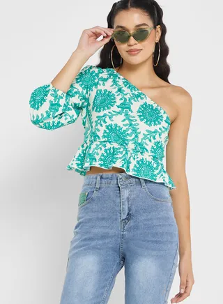 Printed One Shoulder Peplum Top