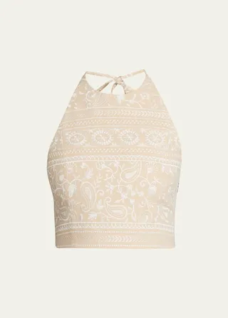 Jayme Tie-Neck Halter Embroidered Crop Top