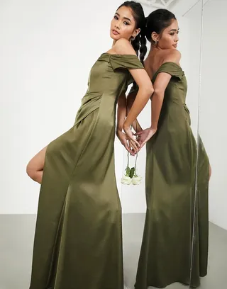 ASOS Edition satin Bardot drape wrap maxi dress in olive