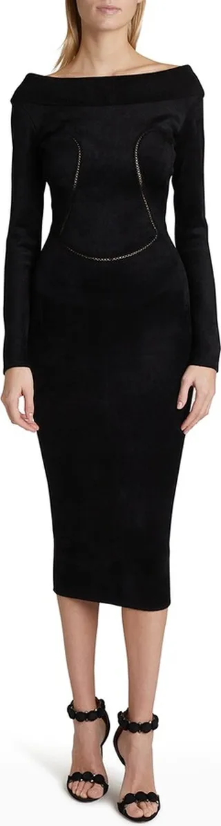 Velvet Off-The-Shoulder Midi Bodycon Dress