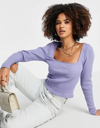 ASOS DESIGN square neck long sleeve top in blue