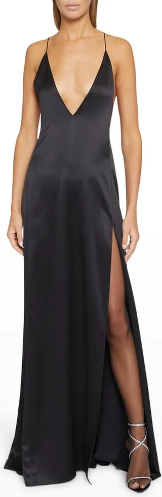 Plunging Thigh-Slit Silk Slip Gown