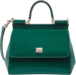 Patent leather handbag with frontal logo patch
