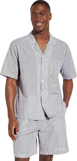 Eberjey Organic Sandwashed Cotton Printed Notch Collar Short PJ Set (Nautico Stripe Graphite) Men's Pajama Sets