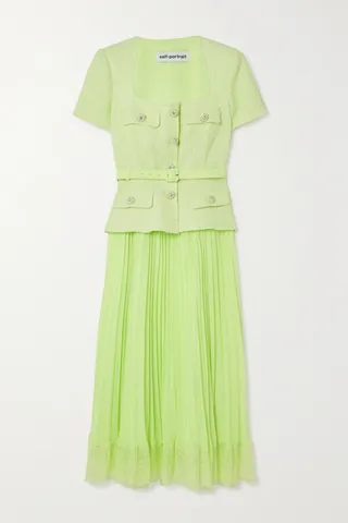 Self-Portrait - Belted Embellished Bouclé And Lace-trimmed Pleated Chiffon Midi Dress - Green