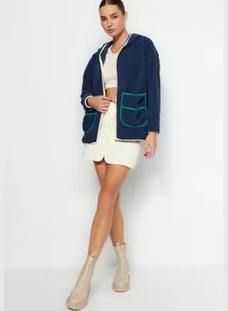 Navy Blue Thick Fleece Contrast Welt Hooded Relaxed/Comfortable Fit Knitted Sweatshirt TWOAW24SW00021.