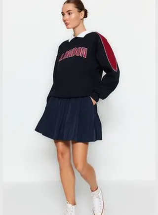 Navy Blue Thick Color Block Polo Collar Regular/Normal Knitted Sweatshirt TWOAW24SW00224