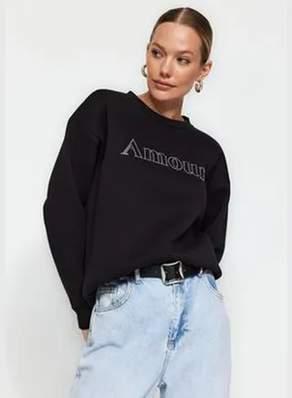 Black Sticky Stone Printed Regular Fit Knitted Sweatshirt with Raker inside. TWOAW24SW00306