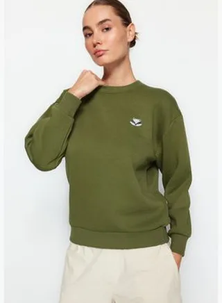 Khaki Animal With Embroidery Regular/Normal Fit Knitted Sweatshirt with Fleece Inside TWOAW24SW00196