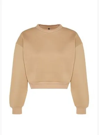 Beige Comfort Fit Crop Basic Crew Neck Fleece Inside Knitted Sweatshirt TWOAW24SW00147
