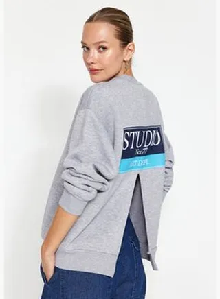 Gray Melange Back with Print Detailed Thick Fleece Inside Regular/Normal Knitted Sweatshirt TWOAW24SW00387.