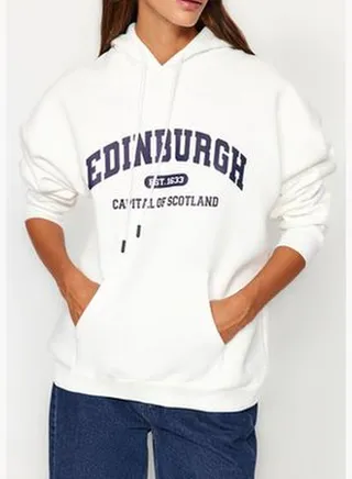 Ecru Fleece Inner City Printed Oversize/Wide Fit Hooded Knitted Sweatshirt TWOAW24SW00438
