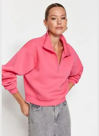 Pink Comfort-Cut Crop Basic Zipper Stand-Up Collar Thick Fleece Inside Knitted Sweatshirt TWOAW24SW00221.