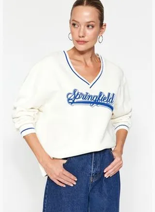 White Thick Fleece Inner Tricot Tape Detailed V-Neck Oversized Knitted Sweatshirt TWOAW24SW00135