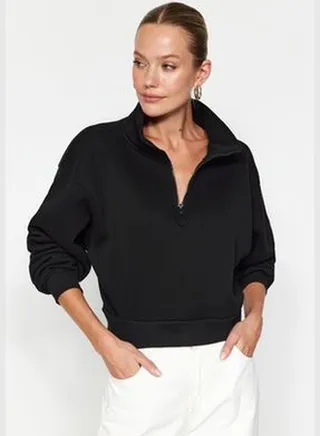Black Relaxed-Cut Crop Basic Zipper Stand-Up Collar Thick Fleece Inner Knitted Sweatshirt TWOAW24SW00221.