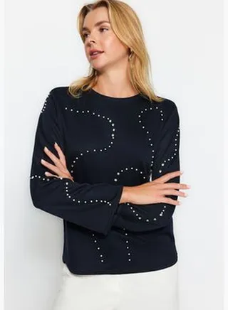 Navy Blue Stone Detail Thessaloniki/Knitwear Look Regular/Normal Knitted Sweatshirt TWOAW24SW00176