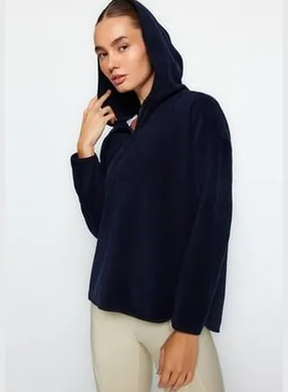 Navy Blue Thick Fleece Hooded and Zippered Oversized/Wide Knitted Sweatshirt TWOAW22SW2063