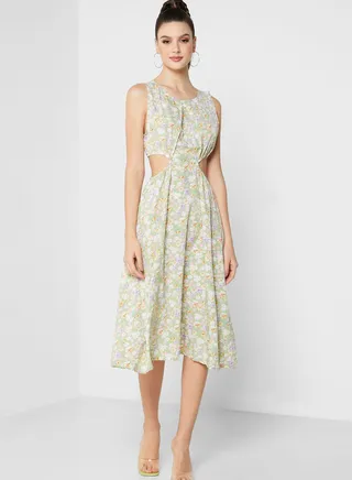 Printed Waist Cutout Dress